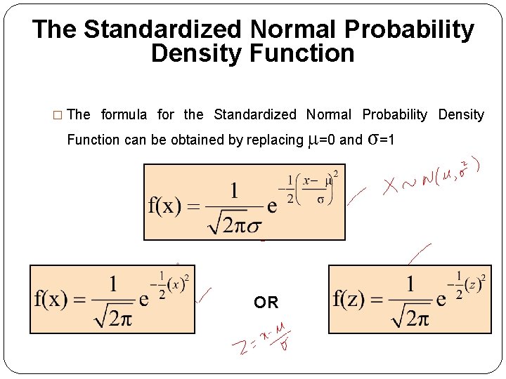 The Standardized Normal Probability Density Function � The formula for the Standardized Normal Probability