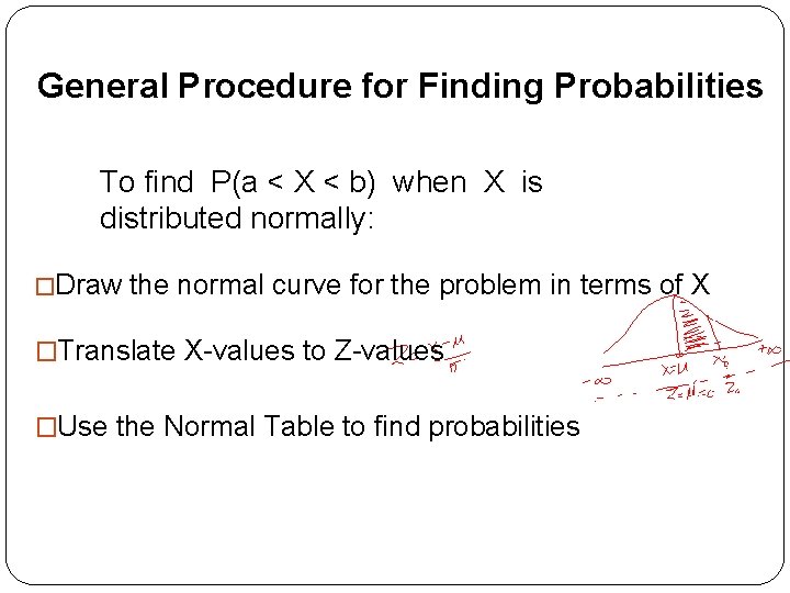 General Procedure for Finding Probabilities To find P(a < X < b) when X