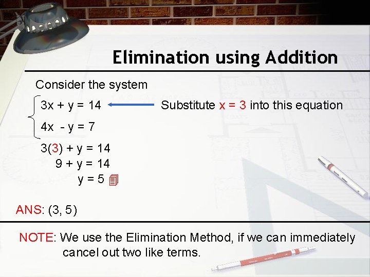 Elimination using Addition Consider the system 3 x + y = 14 Substitute x