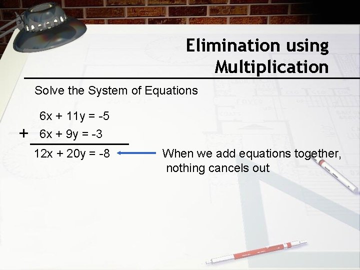 Elimination using Multiplication Solve the System of Equations + 6 x + 11 y