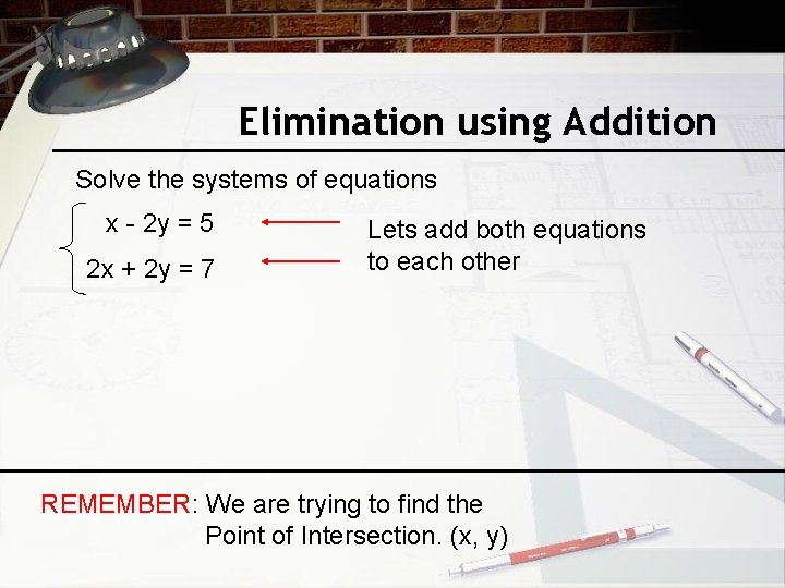 Elimination using Addition Solve the systems of equations x - 2 y = 5