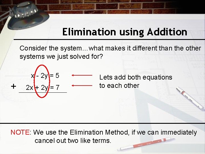 Elimination using Addition Consider the system…what makes it different than the other systems we
