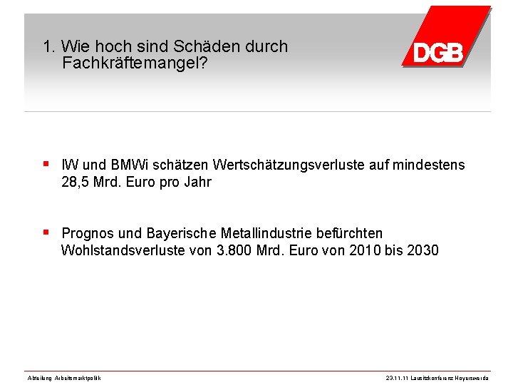 1. Wie hoch sind Schäden durch Fachkräftemangel? § IW und BMWi schätzen Wertschätzungsverluste auf