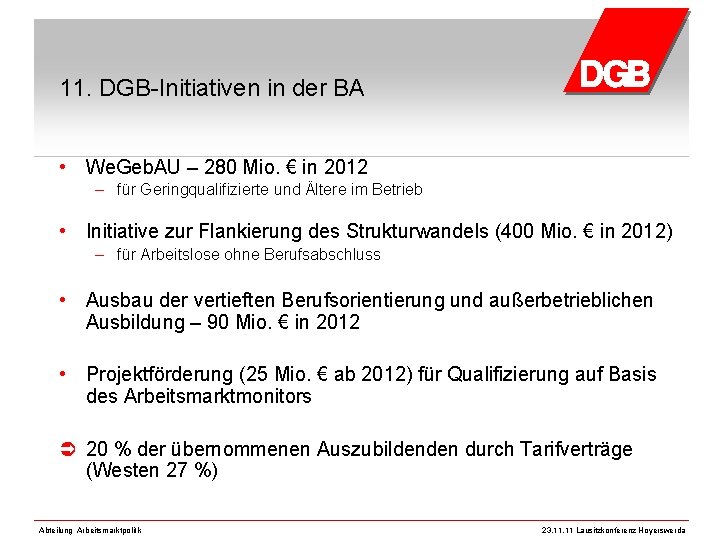 11. DGB-Initiativen in der BA • We. Geb. AU – 280 Mio. € in