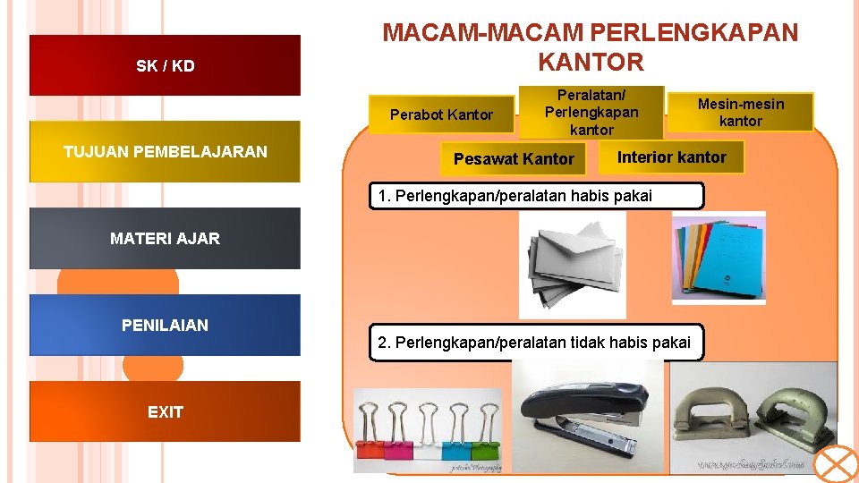 SK / KD MACAM-MACAM PERLENGKAPAN KANTOR Perabot Kantor TUJUAN PEMBELAJARAN Peralatan/ Perlengkapan kantor Pesawat