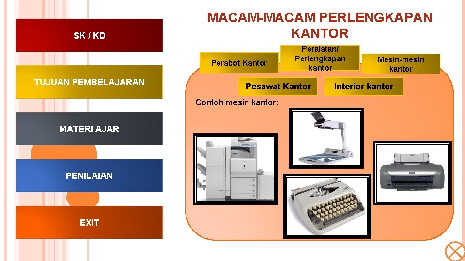 SK / KD MACAM-MACAM PERLENGKAPAN KANTOR Perabot Kantor TUJUAN PEMBELAJARAN Pesawat Kantor Contoh mesin