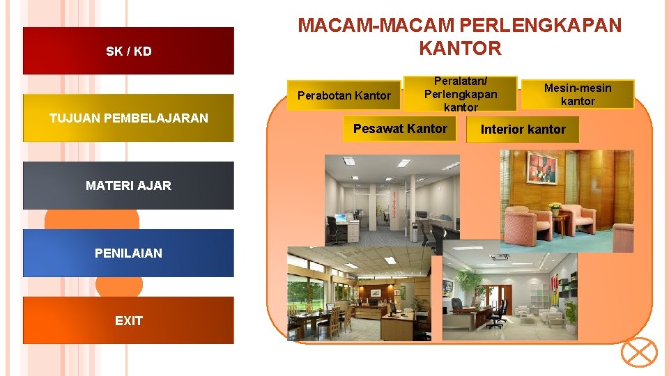 SK / KD MACAM-MACAM PERLENGKAPAN KANTOR Perabotan Kantor TUJUAN PEMBELAJARAN MATERI AJAR PENILAIAN EXIT