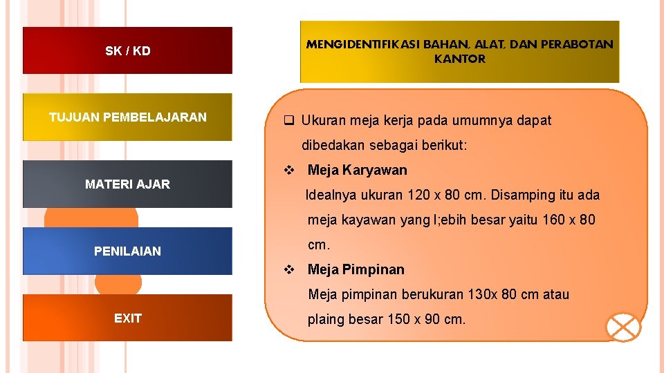 SK / KD TUJUAN PEMBELAJARAN MENGIDENTIFIKASI BAHAN, ALAT, DAN PERABOTAN KANTOR q Ukuran meja