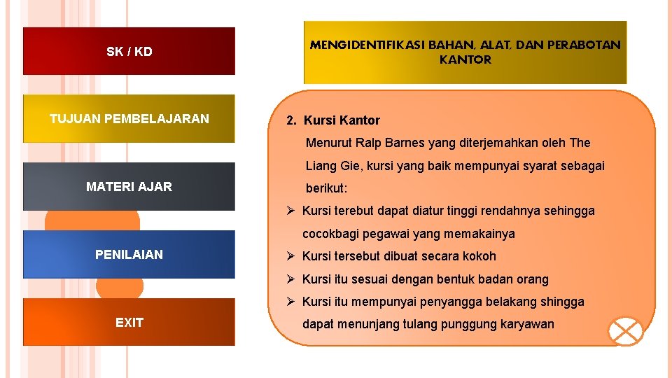 SK / KD TUJUAN PEMBELAJARAN MENGIDENTIFIKASI BAHAN, ALAT, DAN PERABOTAN KANTOR 2. Kursi Kantor