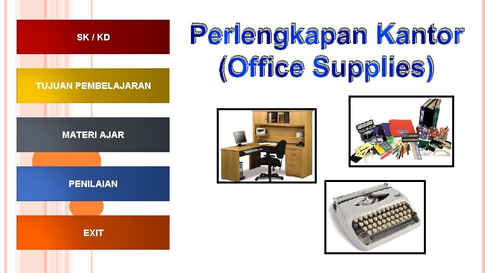 SK / KD TUJUAN PEMBELAJARAN MATERI AJAR PENILAIAN EXIT Perlengkapan Kantor (Office Supplies) 