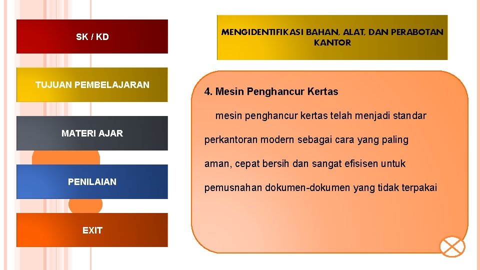 SK / KD TUJUAN PEMBELAJARAN MENGIDENTIFIKASI BAHAN, ALAT, DAN PERABOTAN KANTOR 4. Mesin Penghancur