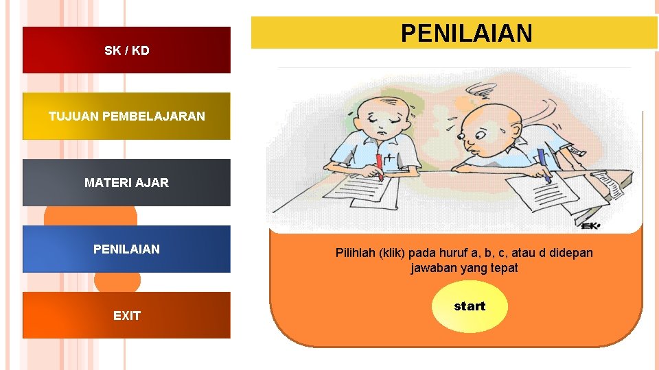 SK / KD PENILAIAN TUJUAN PEMBELAJARAN MATERI AJAR PENILAIAN EXIT Pilihlah (klik) pada huruf