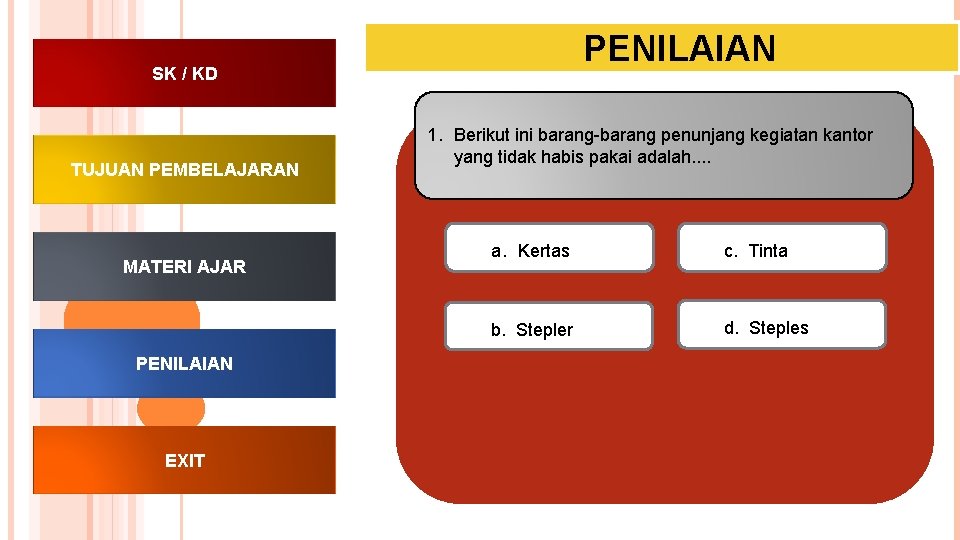 PENILAIAN SK / KD TUJUAN PEMBELAJARAN MATERI AJAR PENILAIAN EXIT 1. Berikut ini barang-barang