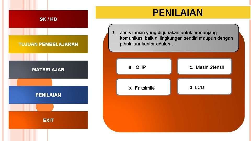 PENILAIAN SK / KD TUJUAN PEMBELAJARAN MATERI AJAR PENILAIAN EXIT 3. Jenis mesin yang