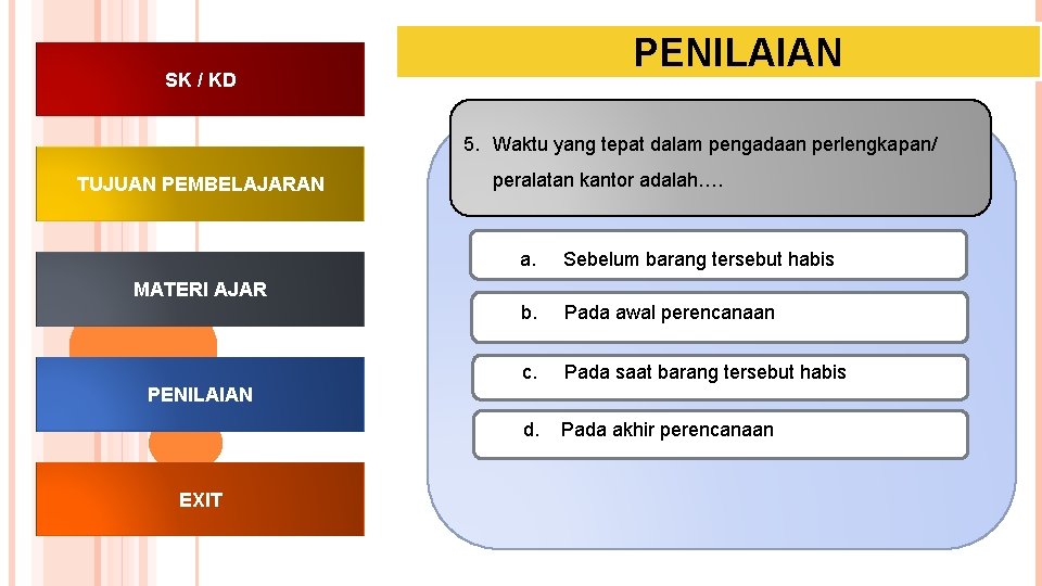 PENILAIAN SK / KD 5. Waktu yang tepat dalam pengadaan perlengkapan/ TUJUAN PEMBELAJARAN peralatan