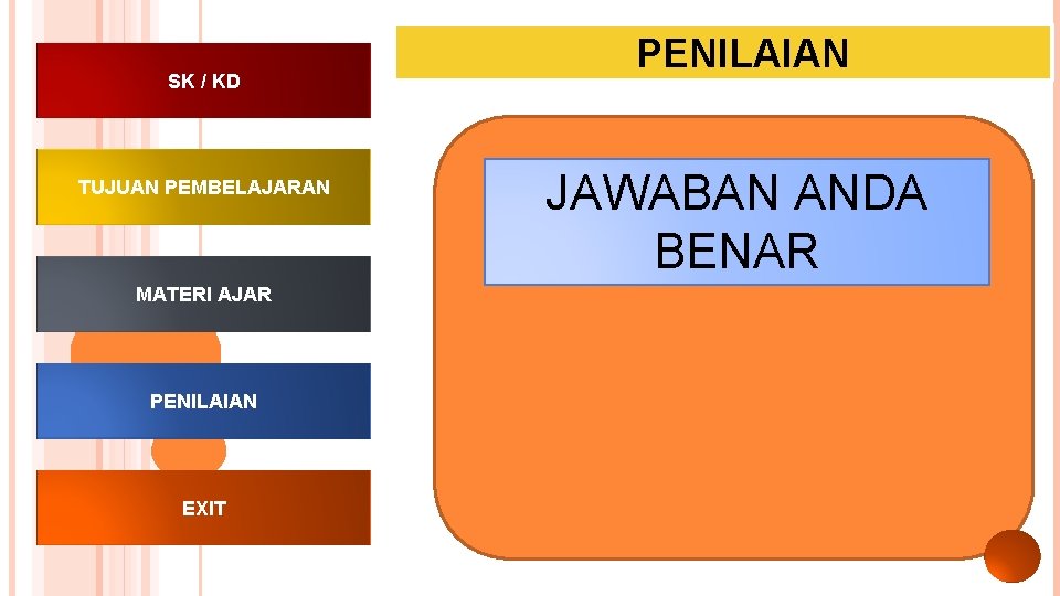 SK / KD TUJUAN PEMBELAJARAN MATERI AJAR PENILAIAN EXIT PENILAIAN JAWABAN ANDA BENAR 