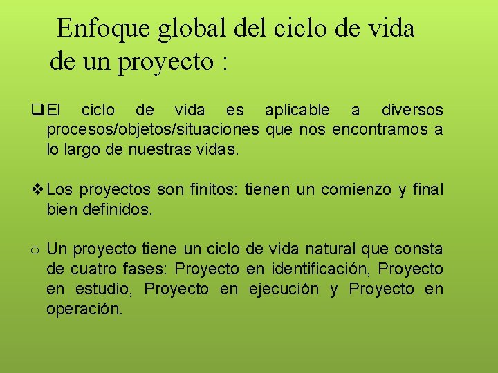 Enfoque global del ciclo de vida de un proyecto : q. El ciclo de