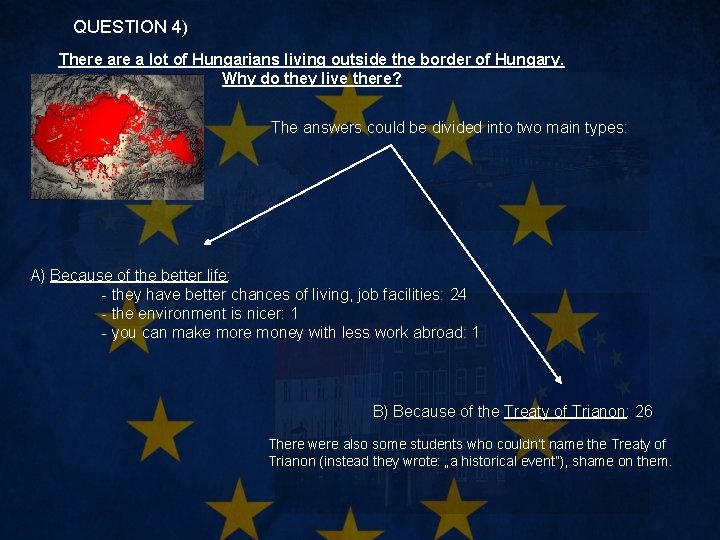QUESTION 4) There a lot of Hungarians living outside the border of Hungary. Why