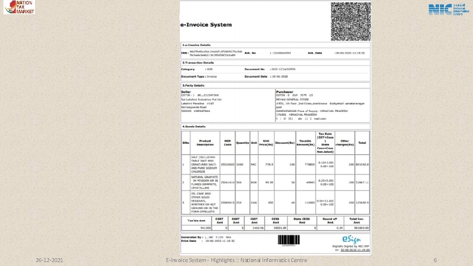 26 -12 -2021 E-invoice System - Highlights : : National Informatics Centre 6 