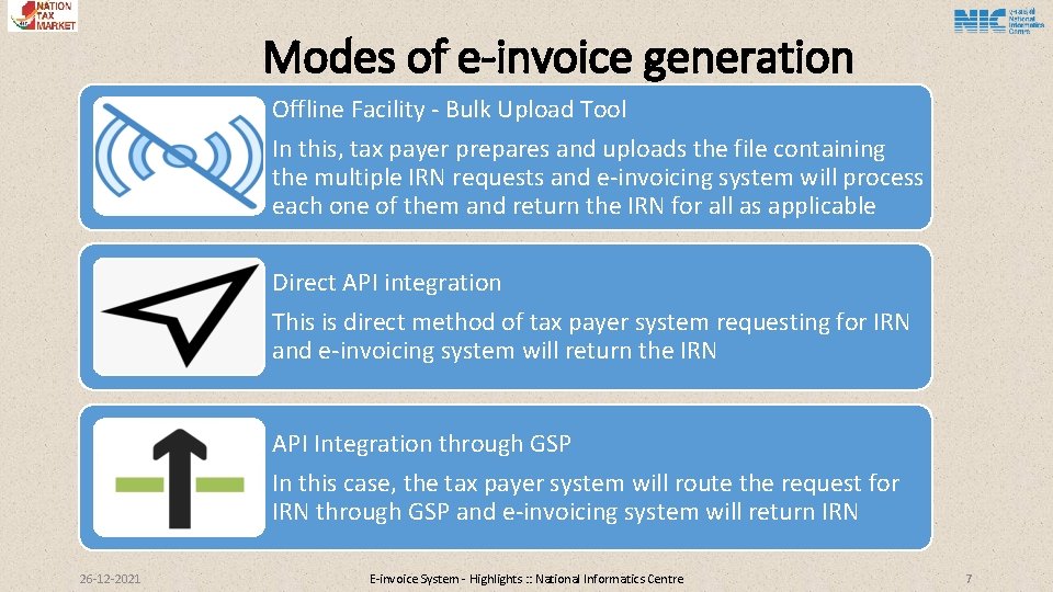 Modes of e-invoice generation Offline Facility - Bulk Upload Tool In this, tax payer