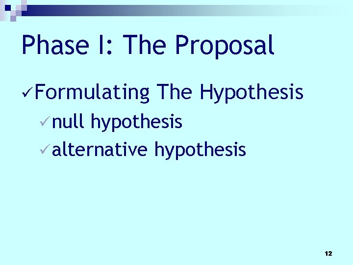 Phase I: The Proposal üFormulating The Hypothesis ünull hypothesis üalternative hypothesis 12 Phase I: The Proposal üFormulating The Hypothesis ünull hypothesis üalternative hypothesis 12