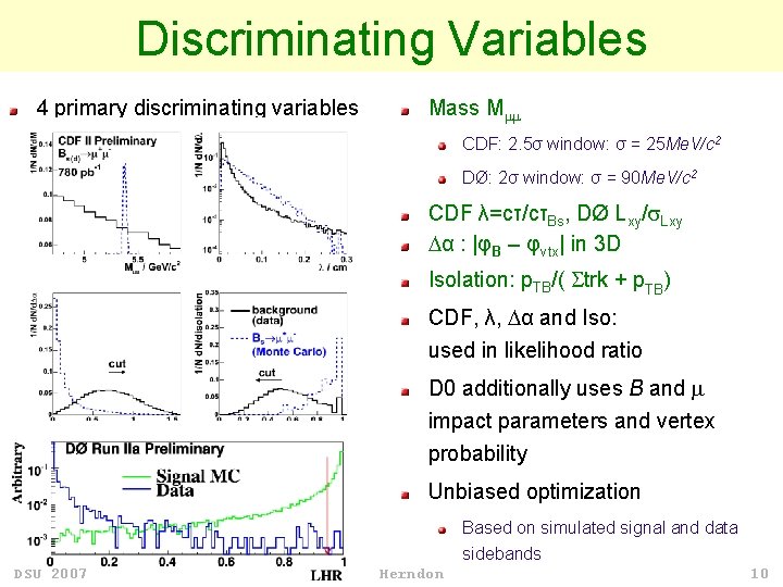 Discriminating Variables 4 primary discriminating variables Mass M CDF: 2. 5σ window: σ = Discriminating Variables 4 primary discriminating variables Mass M CDF: 2. 5σ window: σ =