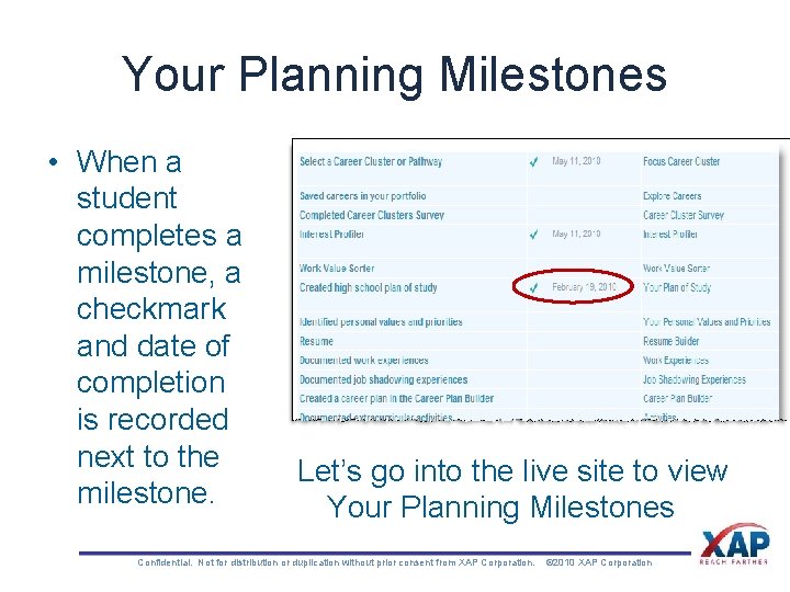 Your Planning Milestones • When a student completes a milestone, a checkmark and date