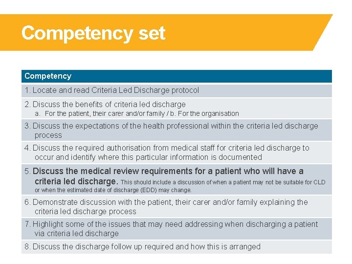 Competency set Competency 1. Locate and read Criteria Led Discharge protocol 2. Discuss the