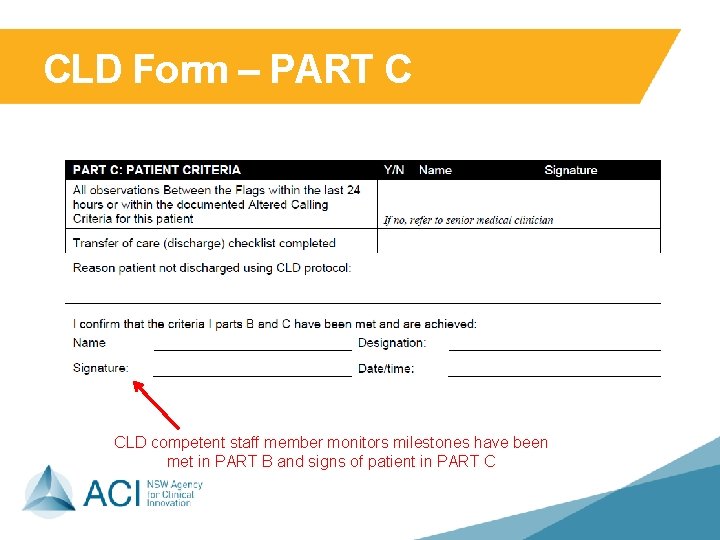 CLD Form – PART C CLD competent staff member monitors milestones have been met