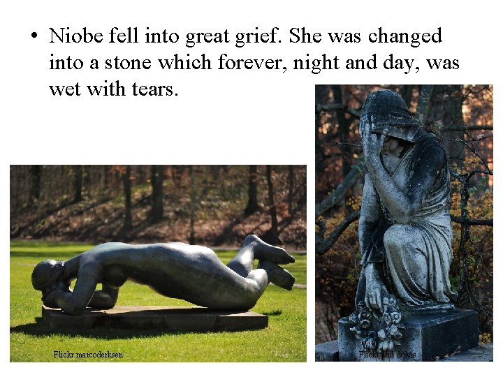  • Niobe fell into great grief. She was changed into a stone which