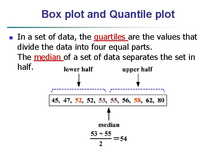 Box plot and Quantile plot n In a set of data, the quartiles are
