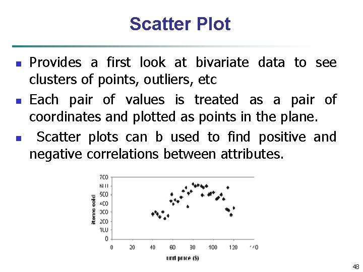Scatter Plot n n n Provides a first look at bivariate data to see