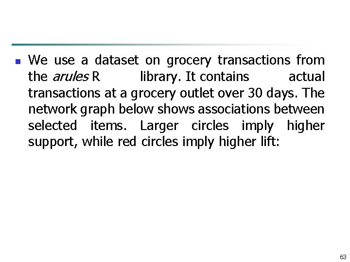 n We use a dataset on grocery transactions from the arules R library. It