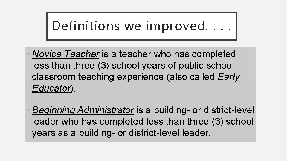 Definitions we improved. . • Novice Teacher is a teacher who has completed less