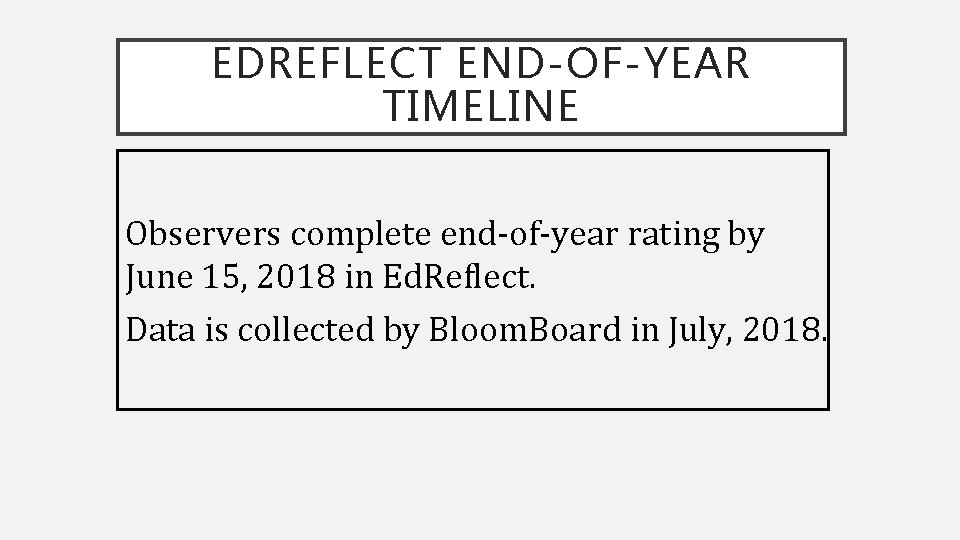 EDREFLECT END-OF-YEAR TIMELINE Observers complete end-of-year rating by June 15, 2018 in Ed. Reflect.