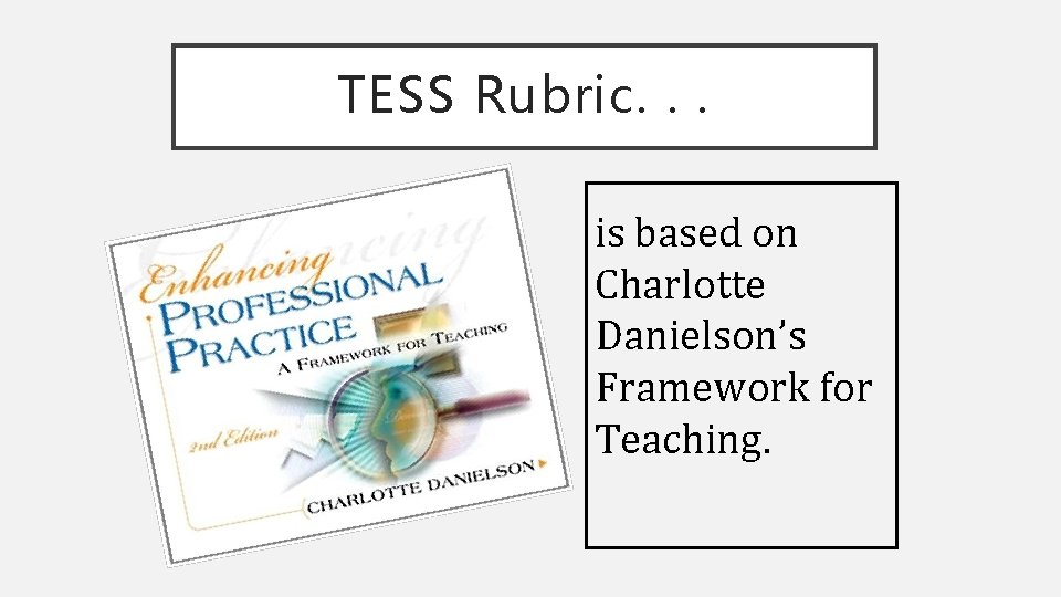TESS Rubric. . . is based on Charlotte Danielson’s Framework for Teaching. 