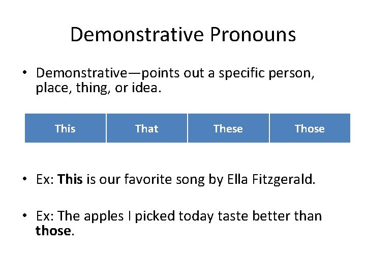 Demonstrative Pronouns • Demonstrative—points out a specific person, place, thing, or idea. This That
