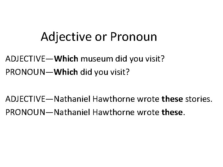 Adjective or Pronoun ADJECTIVE—Which museum did you visit? PRONOUN—Which did you visit? ADJECTIVE—Nathaniel Hawthorne