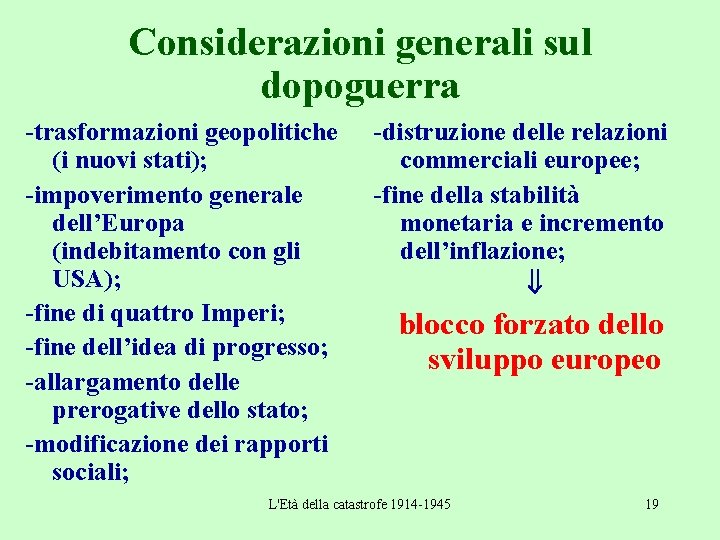 Considerazioni generali sul dopoguerra -trasformazioni geopolitiche (i nuovi stati); -impoverimento generale dell’Europa (indebitamento con