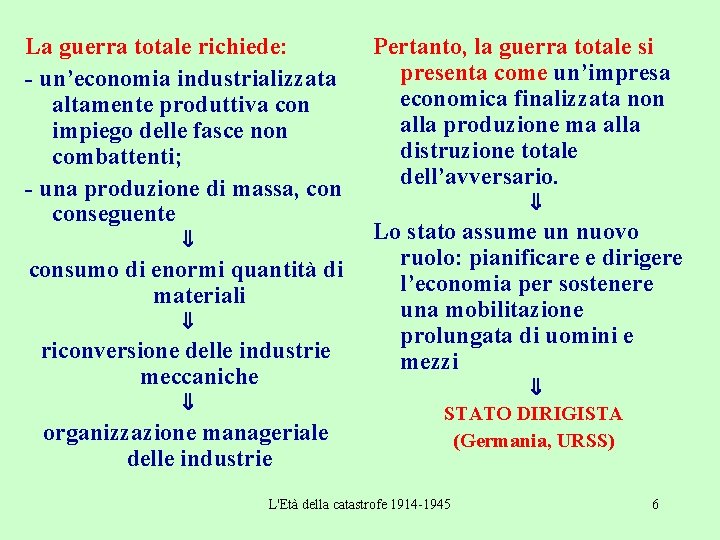 La guerra totale richiede: - un’economia industrializzata altamente produttiva con impiego delle fasce non