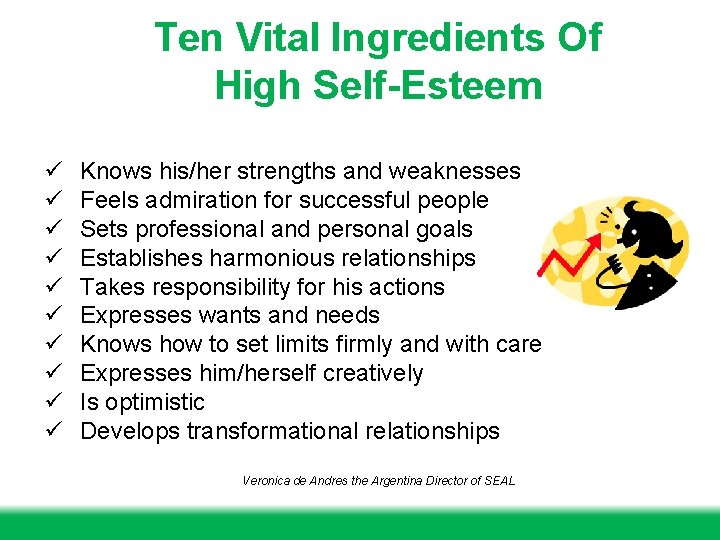 Ten Vital Ingredients Of High Self-Esteem ü ü ü ü ü Knows his/her strengths