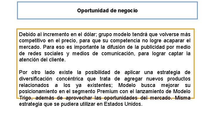 Oportunidad de negocio Debido al incremento en el dólar; grupo modelo tendrá que volverse