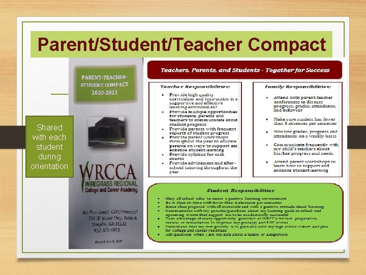 Parent/Student/Teacher Compact Shared with each student during orientation 