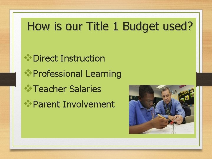 How is our Title 1 Budget used? v. Direct Instruction v. Professional Learning v.