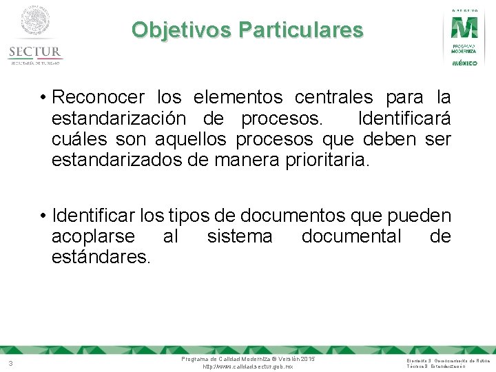 Objetivos Particulares • Reconocer los elementos centrales para la estandarización de procesos. Identificará cuáles