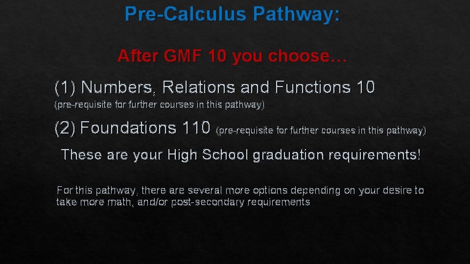 Pre-Calculus Pathway: After GMF 10 you choose… (1) Numbers, Relations and Functions 10 (pre-requisite