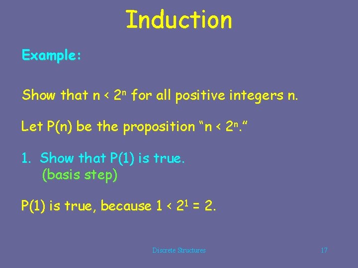 Induction Example: Show that n < 2 n for all positive integers n. Let