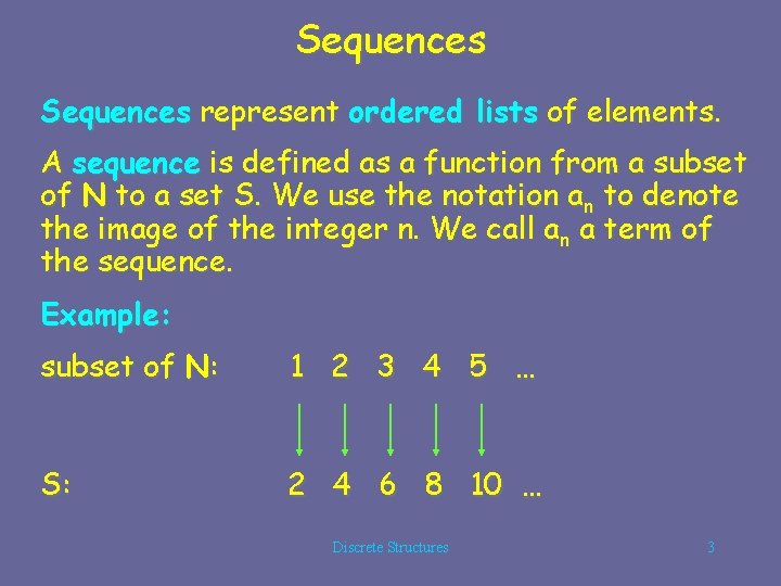 Sequences represent ordered lists of elements. A sequence is defined as a function from