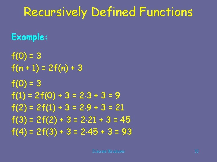 Recursively Defined Functions Example: f(0) = 3 f(n + 1) = 2 f(n) +