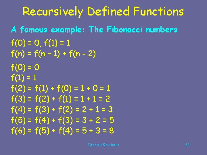 Recursively Defined Functions A famous example: The Fibonacci numbers f(0) = 0, f(1) =